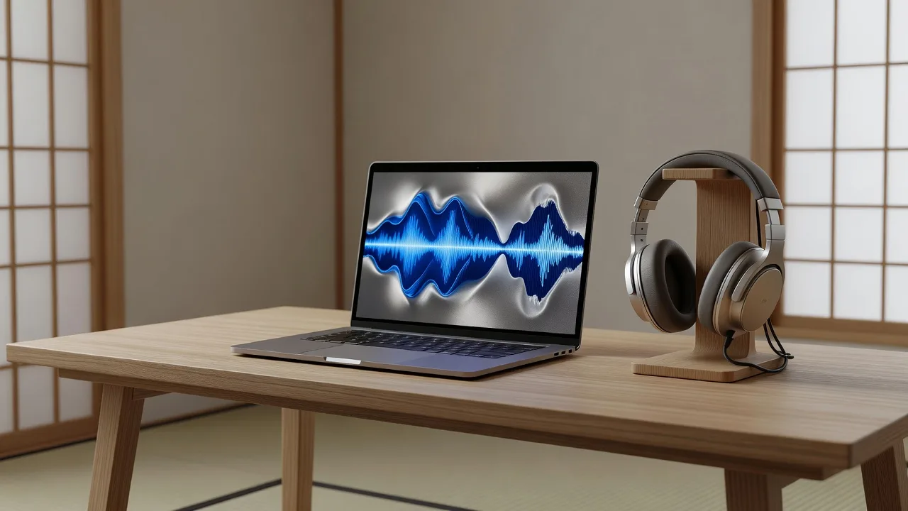 障子のある和室の机に置かれた、波形編集画面のノートPCとヘッドホン
