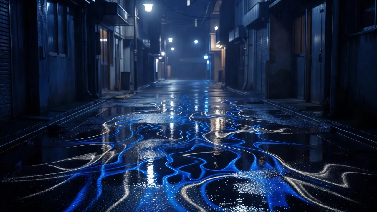 雨に濡れた夜の路地に映る、青い光と波形の模様