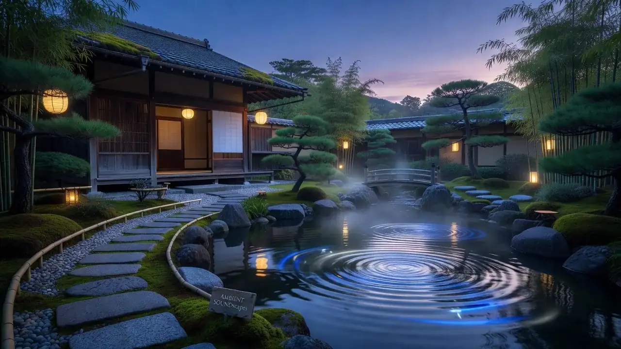 夕暮れの旅館の庭園と、池に広がる光の波紋