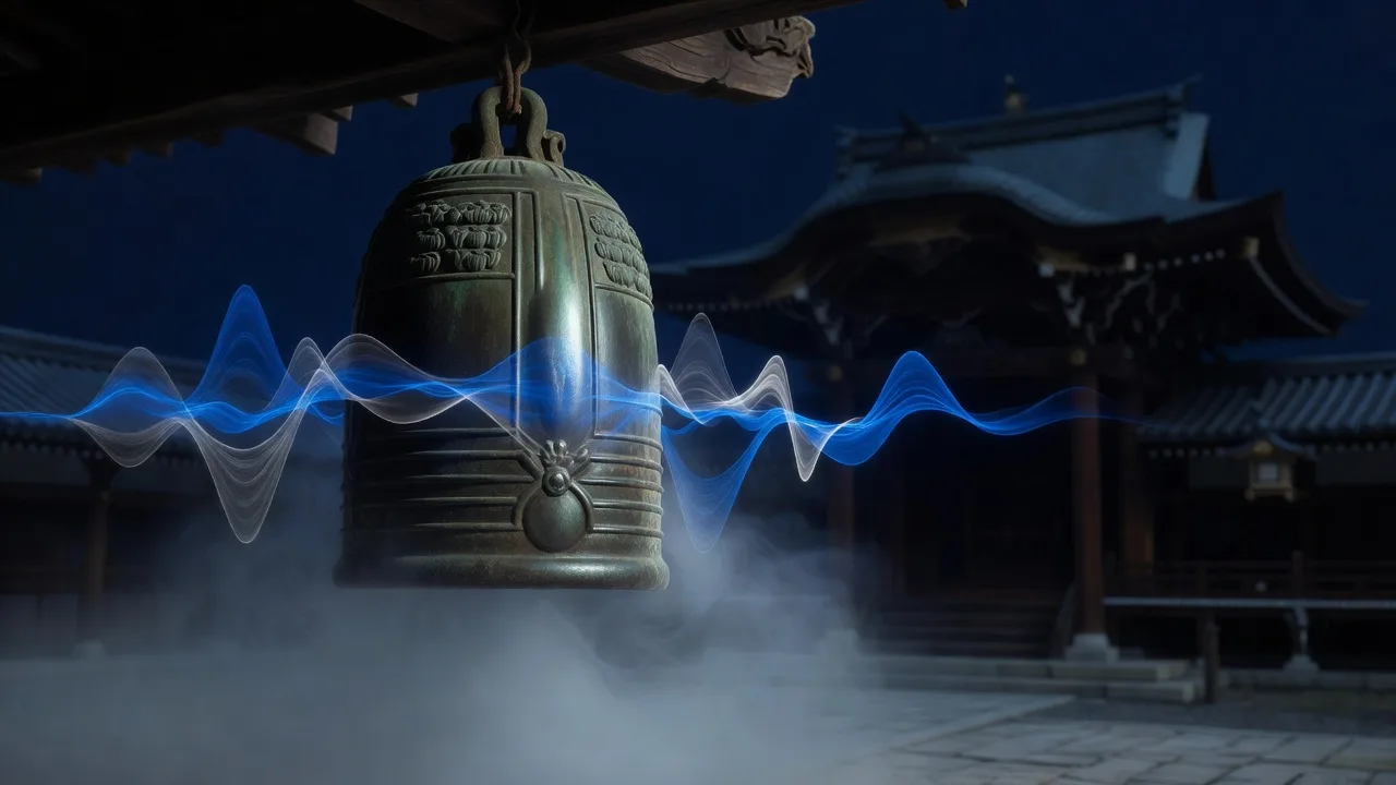 霧の立つ寺院の梵鐘と、重なる青い音の波形