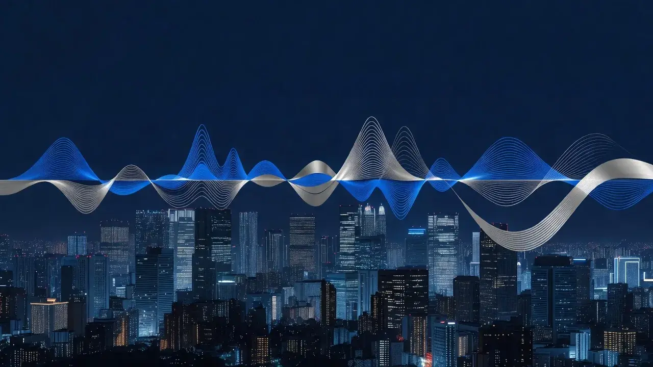 夜の高層ビル群の上に重なる、青と銀の音の波形